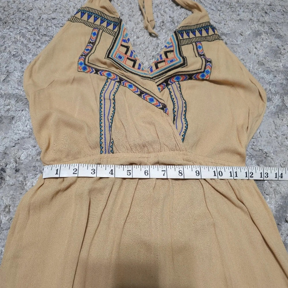 FLYING TOMATO Halter Neck Embroidered Khaki Wide Leg Jumpsuit, High Low Hem, L - Picture 13 of 16